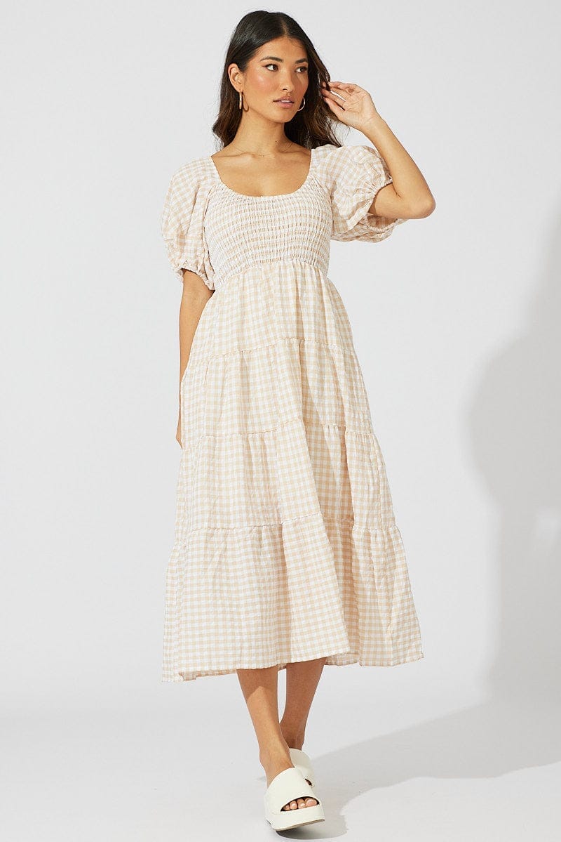 Beige Check Midi Dress Short Sleeve Shirred - Àlainn Fashion