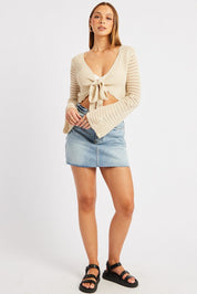 Beige Crochet Cardigan Long Sleeve Tie Front Knit - Àlainn Fashion