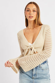 Beige Crochet Cardigan Long Sleeve Tie Front Knit - Àlainn Fashion