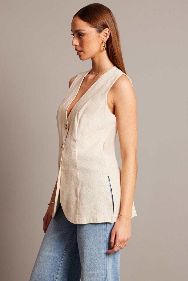 Beige Linen Vest Longline V Neck - Àlainn Fashion