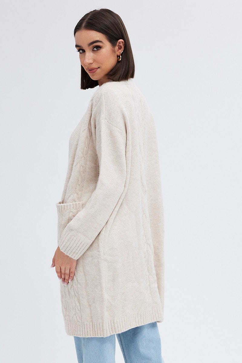 Beige Longline Cable Knit Cardigan - Àlainn Fashion