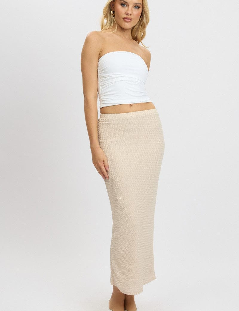 Beige Midi Skirt High Rise Textured Jersey - Àlainn Fashion