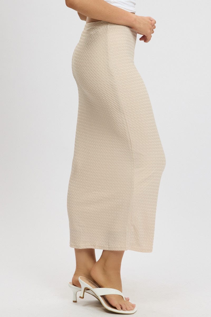 Beige Midi Skirt High Rise Textured Jersey - Àlainn Fashion