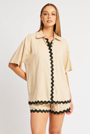 Beige Relaxed Shirt Short Sleeve Ric Rac - Àlainn Fashion