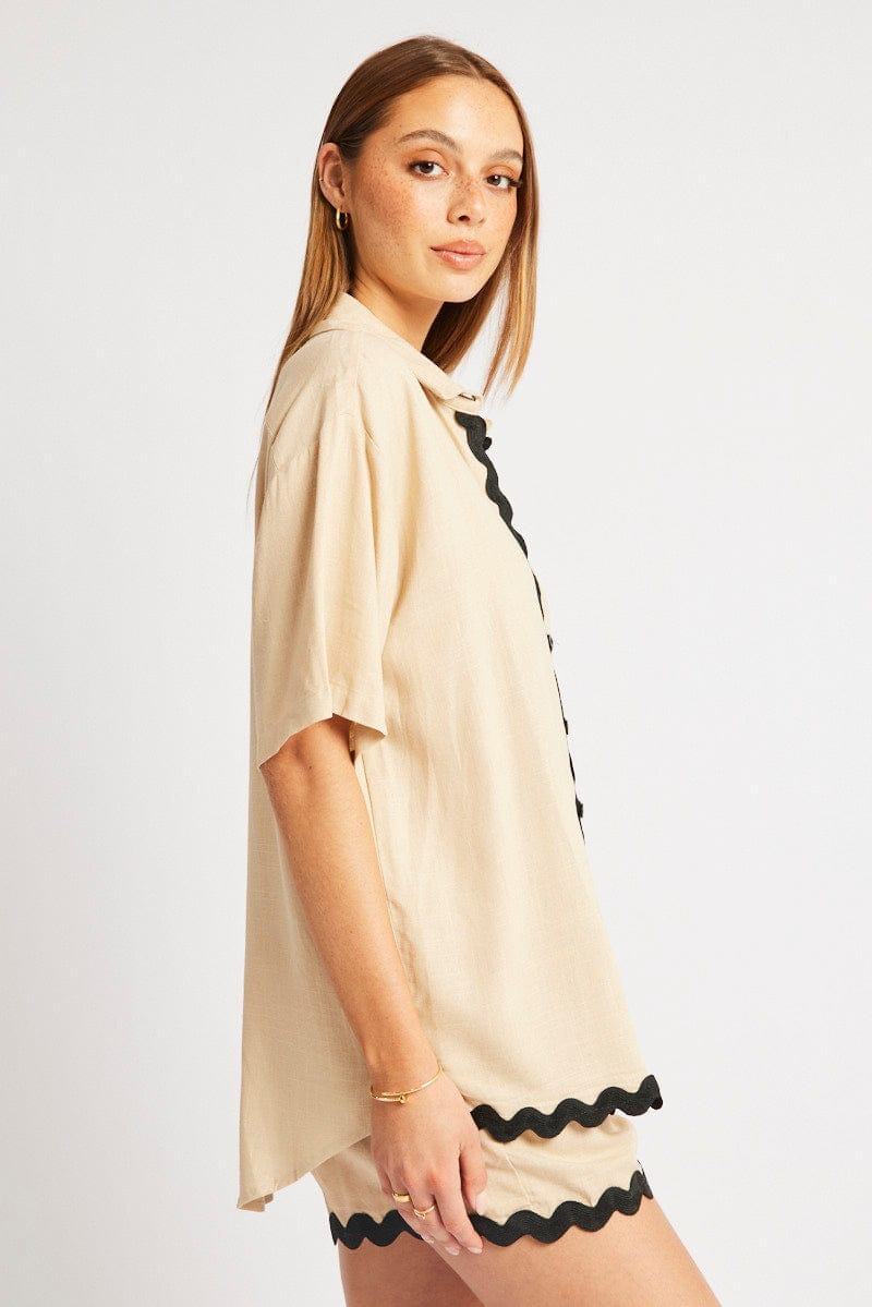 Beige Relaxed Shirt Short Sleeve Ric Rac - Àlainn Fashion