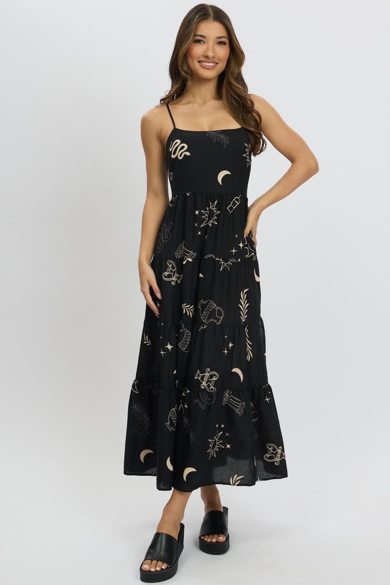 Black Abstract Midi Dress Tiered Strappy - Àlainn Fashion