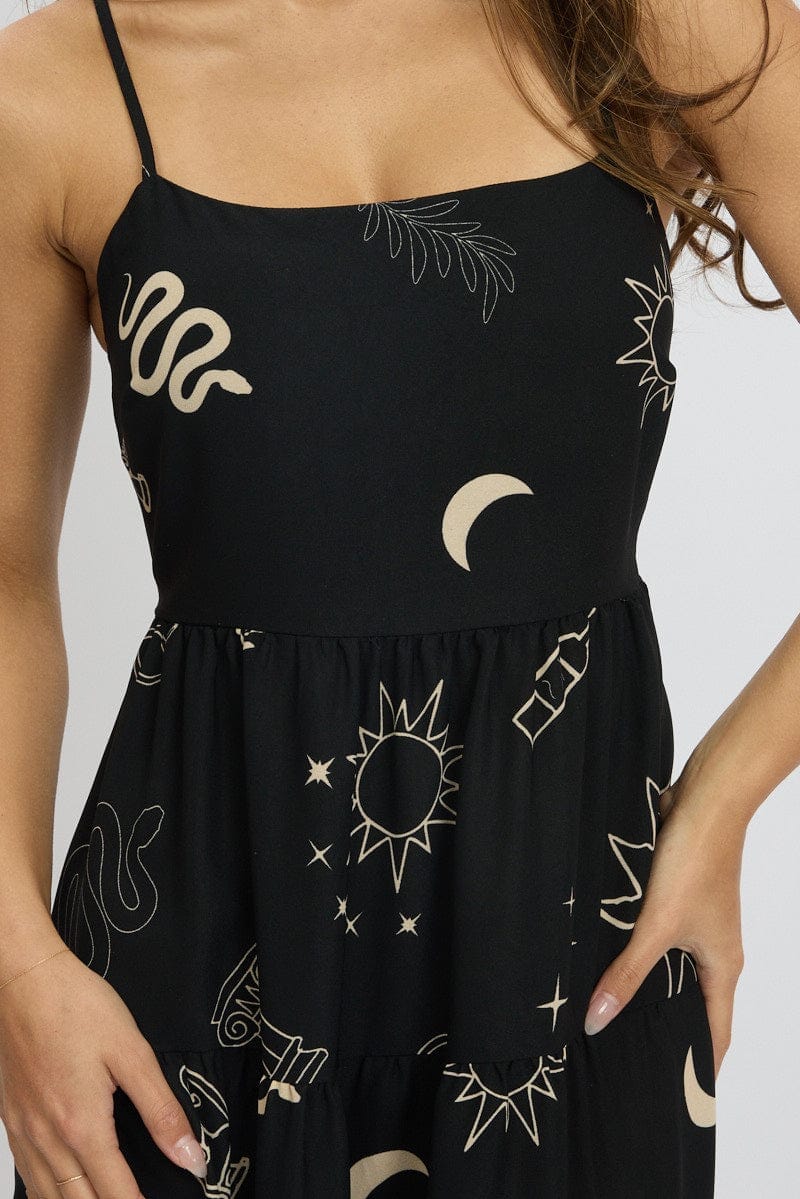 Black Abstract Midi Dress Tiered Strappy - Àlainn Fashion