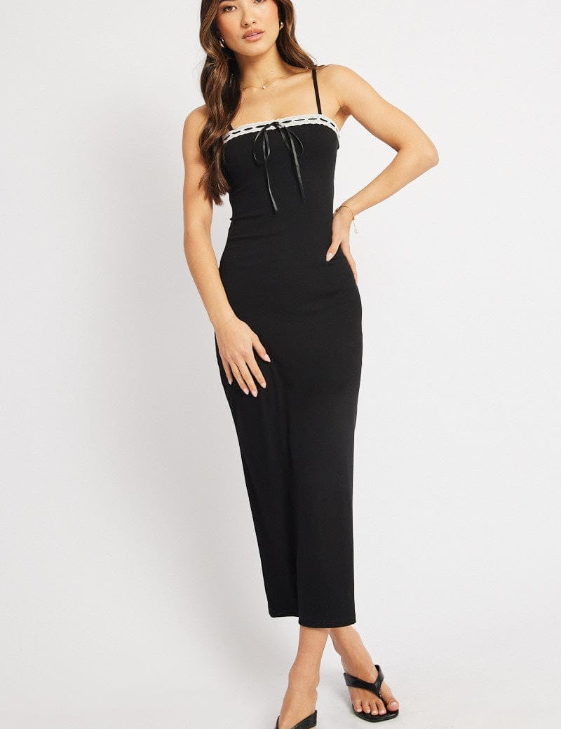 Black Bodycon Dress Maxi Ribbon Trim - Àlainn Fashion