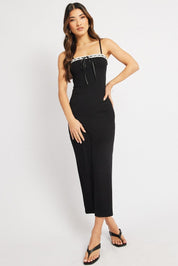 Black Bodycon Dress Maxi Ribbon Trim - Àlainn Fashion