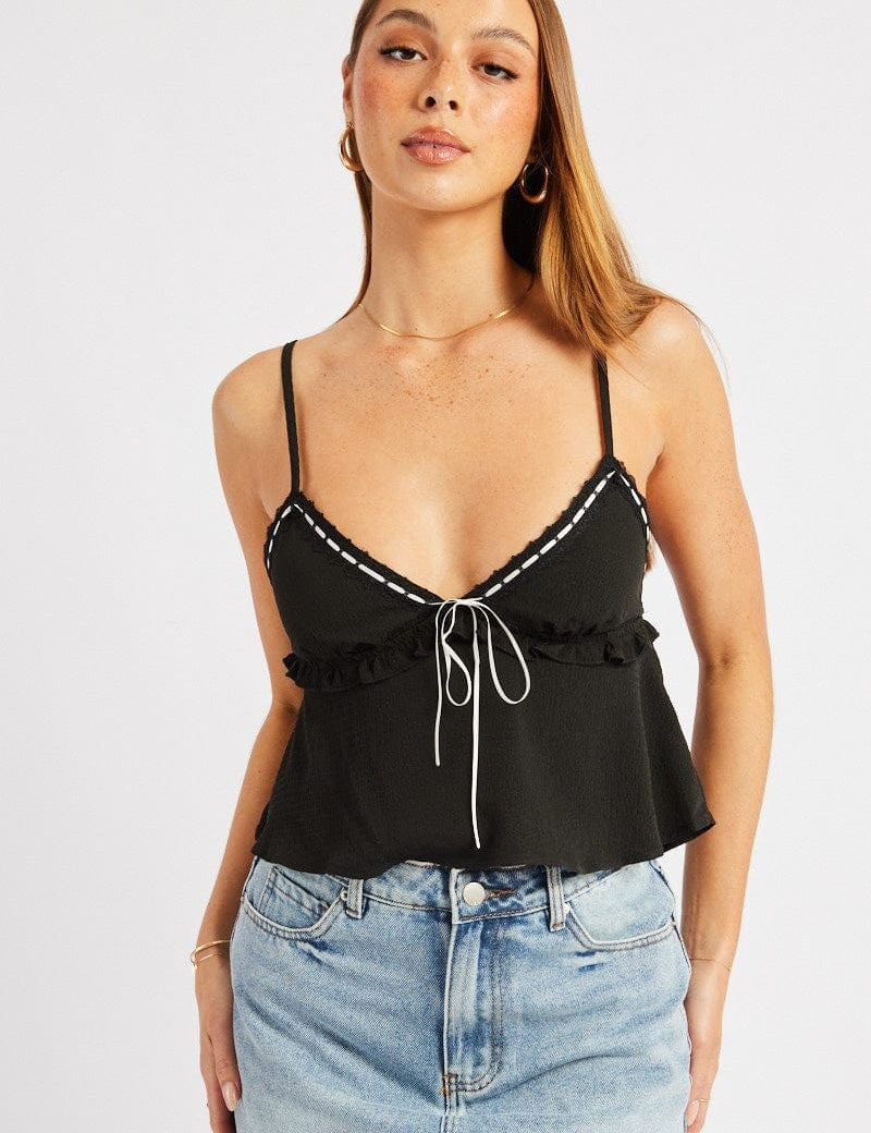 Black Cami Top Ribbon Textured Frill - Àlainn Fashion