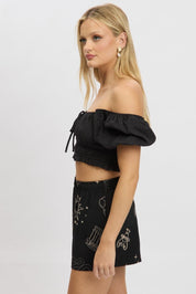 Black Crop Top Short Sleeve Shirred Waist - Àlainn Fashion