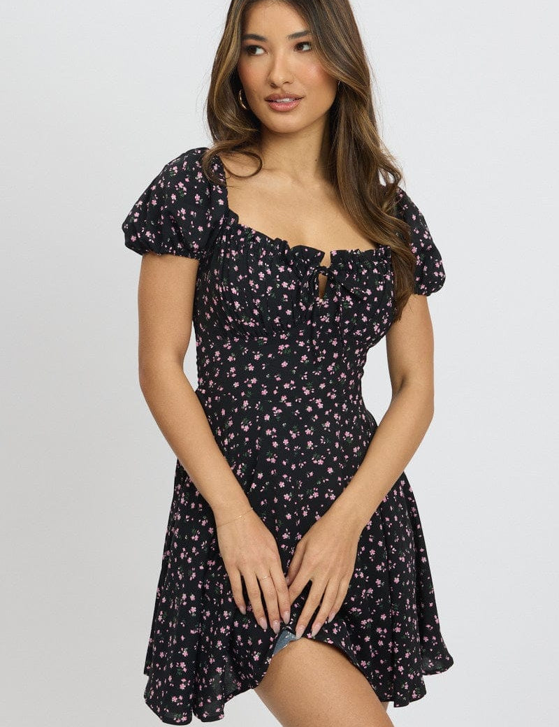 Black Ditsy Fit And Flare Dress Mini - Àlainn Fashion