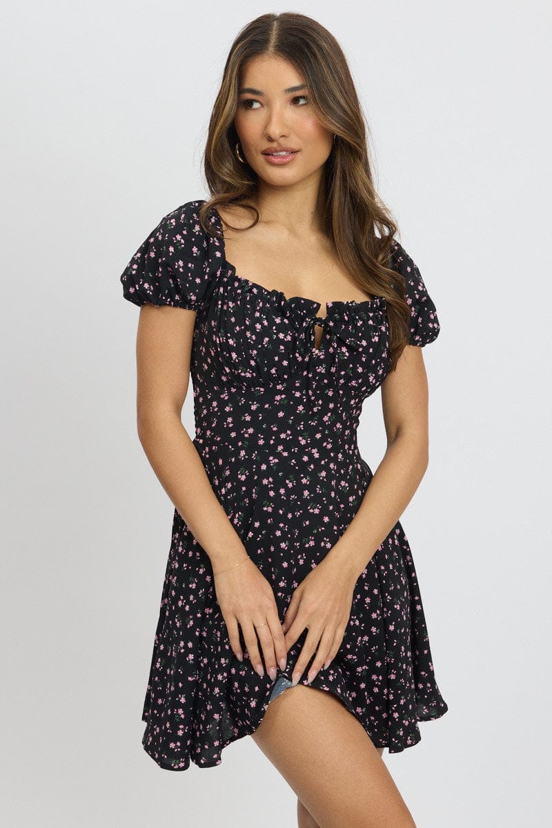 Black Ditsy Fit And Flare Dress Mini - Àlainn Fashion