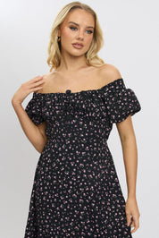 Black Ditsy Midi Dress Short Sleeve Side Split - Àlainn Fashion