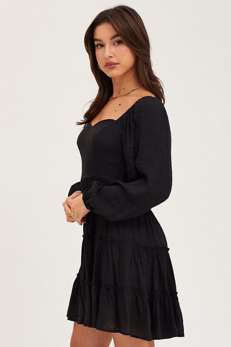 Black Fit And Flare Dress Long Sleeve Square Neck - Àlainn Fashion