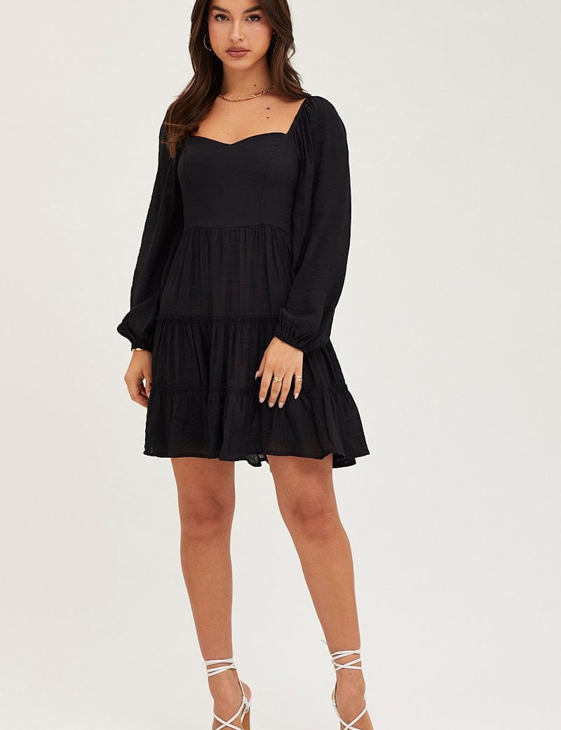 Black Fit And Flare Dress Long Sleeve Square Neck - Àlainn Fashion