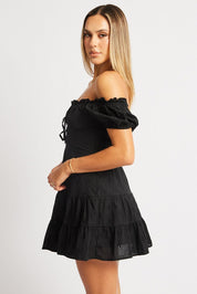 Black Fit And Flare Dress Short Sleeve Eyelet Fabric - Àlainn Fashion