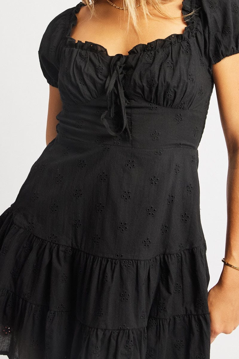 Black Fit And Flare Dress Short Sleeve Eyelet Fabric - Àlainn Fashion