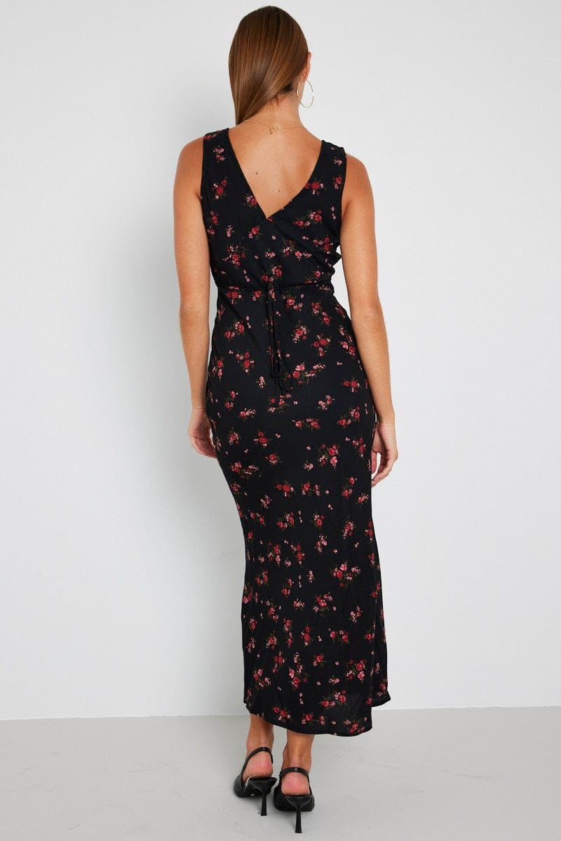 Black Floral Maxi Dress V-Neck Sleevelss - Àlainn Fashion