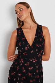 Black Floral Maxi Dress V-Neck Sleevelss - Àlainn Fashion