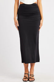 Black Midaxi Skirt High Rise Ruched Lined Supersoft - Àlainn Fashion