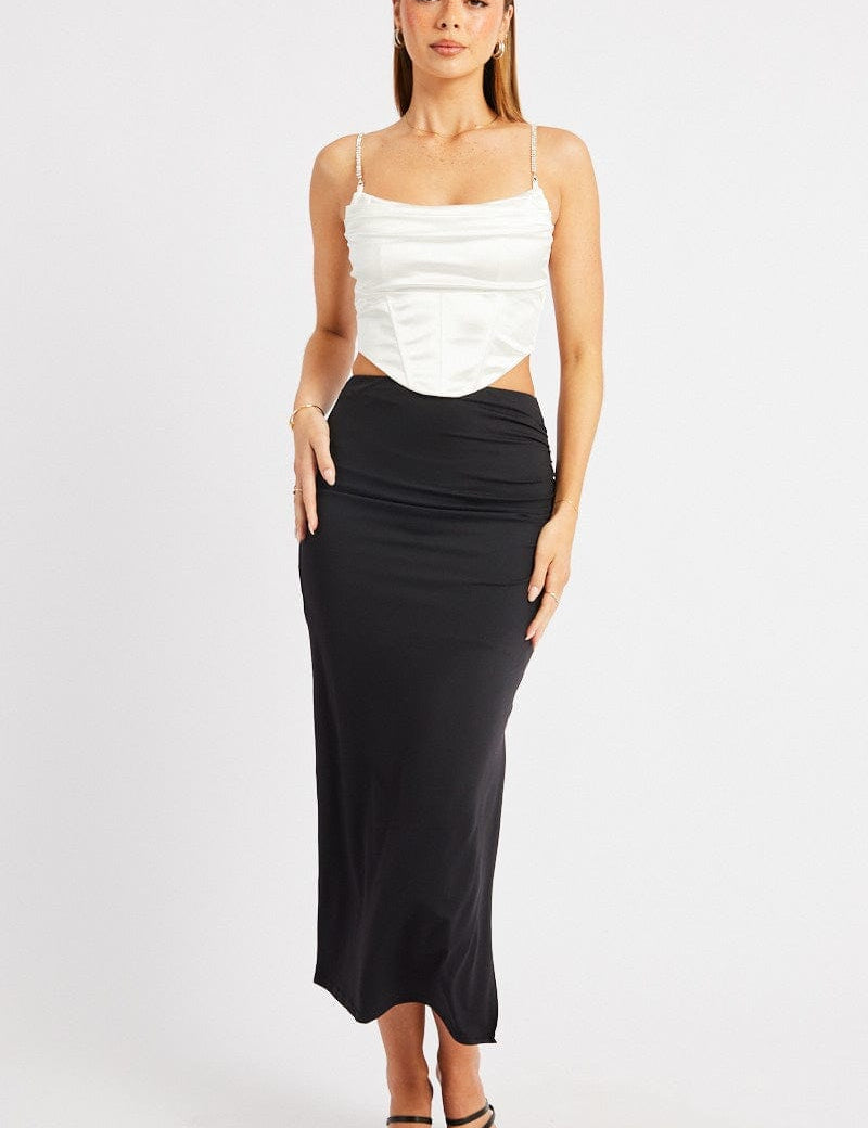 Black Midaxi Skirt High Rise Ruched Lined Supersoft - Àlainn Fashion