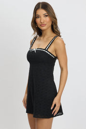 Black Mini Dress Lace Trim Sleeveless Eyelet Fabric - Àlainn Fashion