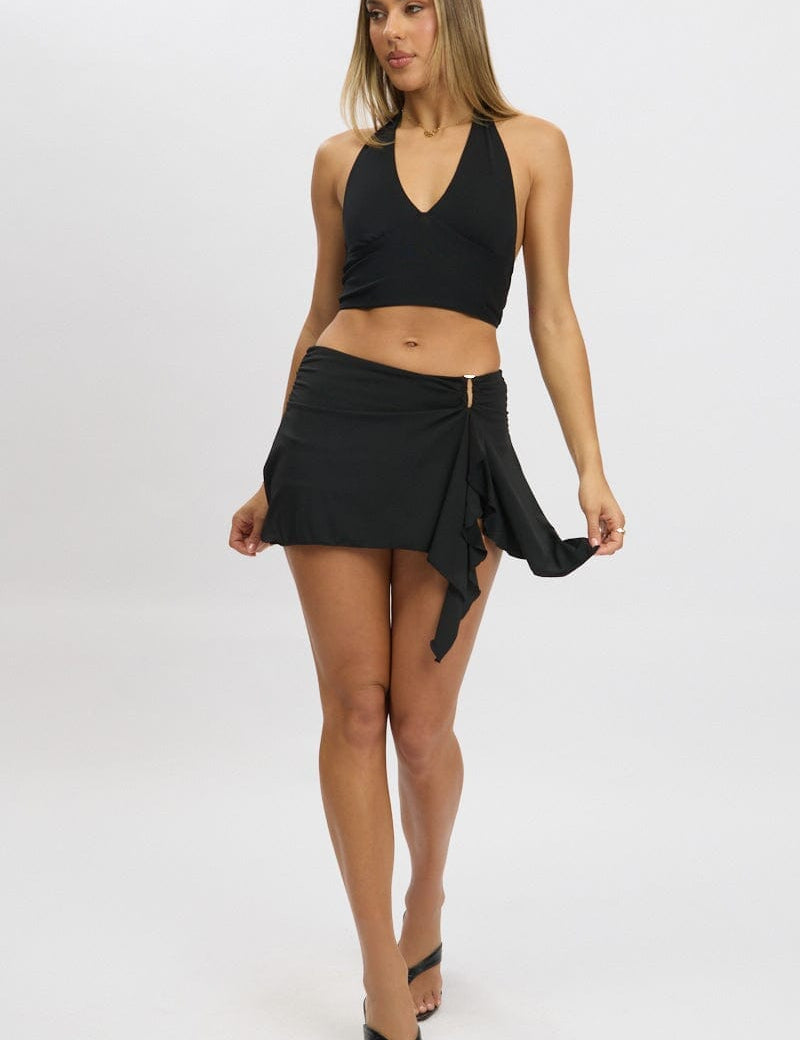 Black Mini Skort Mid Rise Buckle Detail High Low - Àlainn Fashion