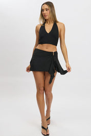 Black Mini Skort Mid Rise Buckle Detail High Low - Àlainn Fashion