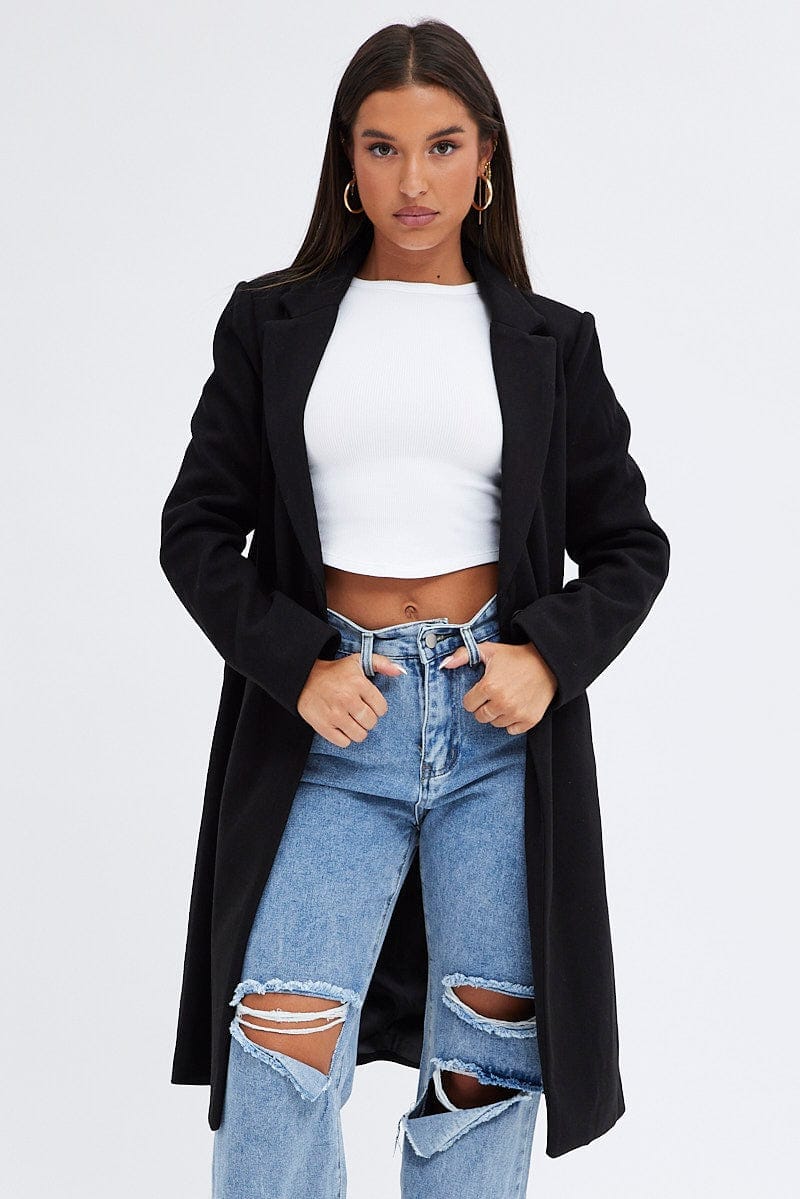 Black One Button Coat Knee Length - Àlainn Fashion