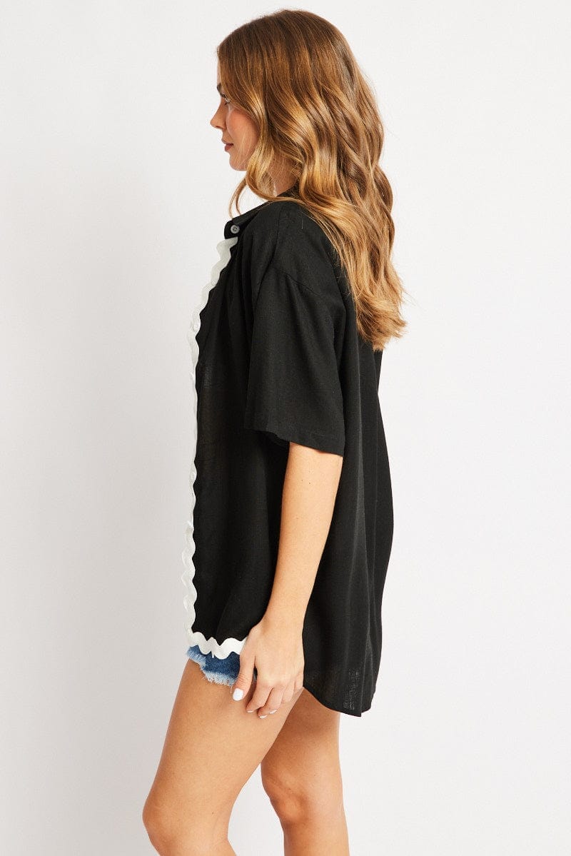 Black Relaxed Shirt Short Sleeve Ric Rac - Àlainn Fashion