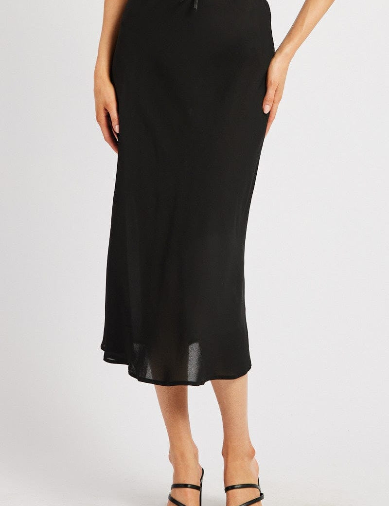 Black Slip Skirt High Rise Elastic Waist Midi - Àlainn Fashion