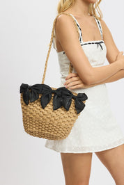 Black Straw Basket Shoulder Bag with Bows - Àlainn Fashion