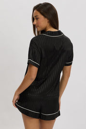 Black Stripe Satin Pyjamas Set Short Sleeve - Àlainn Fashion