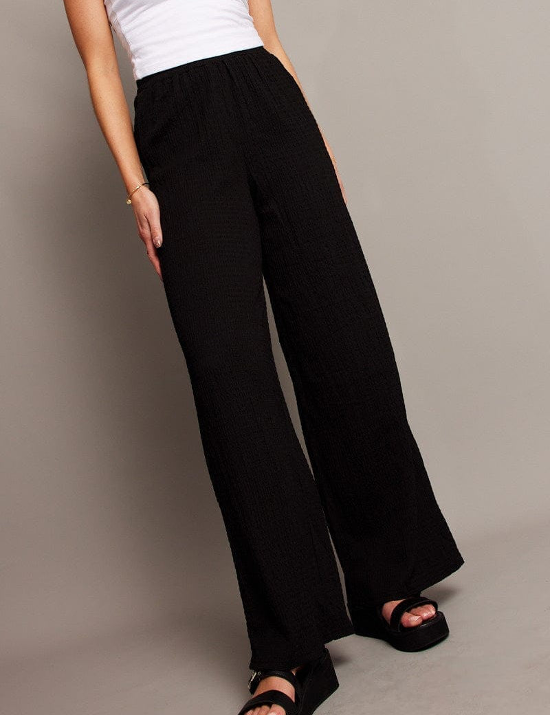 Black Wide Leg Pants High Rise Textured Fabric - Àlainn Fashion