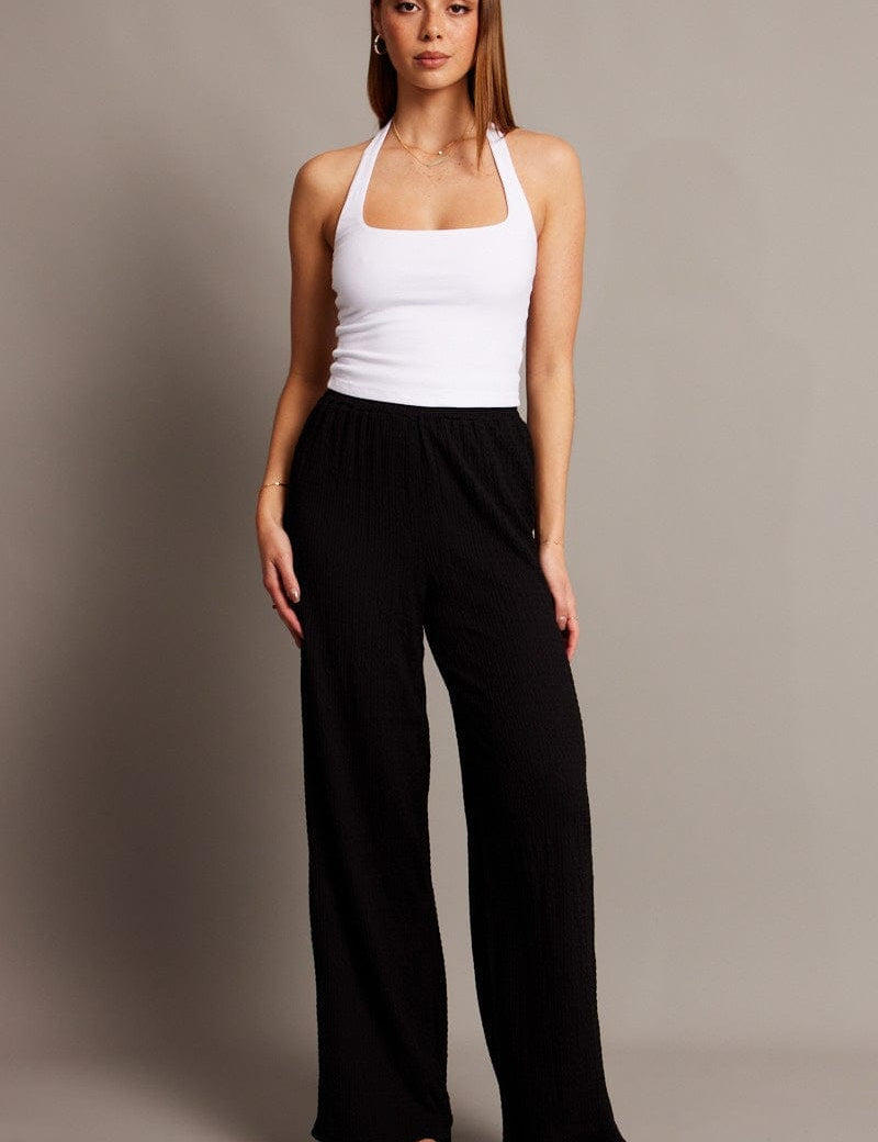 Black Wide Leg Pants High Rise Textured Fabric - Àlainn Fashion