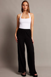 Black Wide Leg Pants High Rise Textured Fabric - Àlainn Fashion