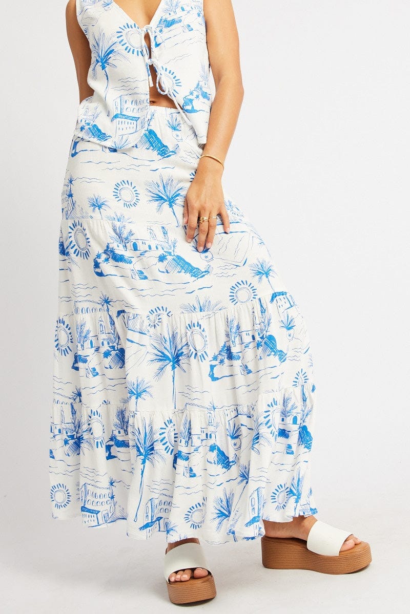 Blue Abstract Maxi Skirt Tiered High Rise Elastic Waistband - Àlainn Fashion