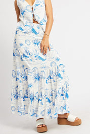 Blue Abstract Maxi Skirt Tiered High Rise Elastic Waistband - Àlainn Fashion