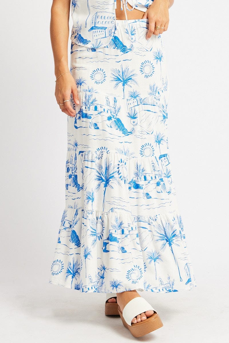 Blue Abstract Maxi Skirt Tiered High Rise Elastic Waistband - Àlainn Fashion