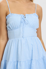 Blue Check Fit and Flare Dress Sleeveless Tiered - Àlainn Fashion