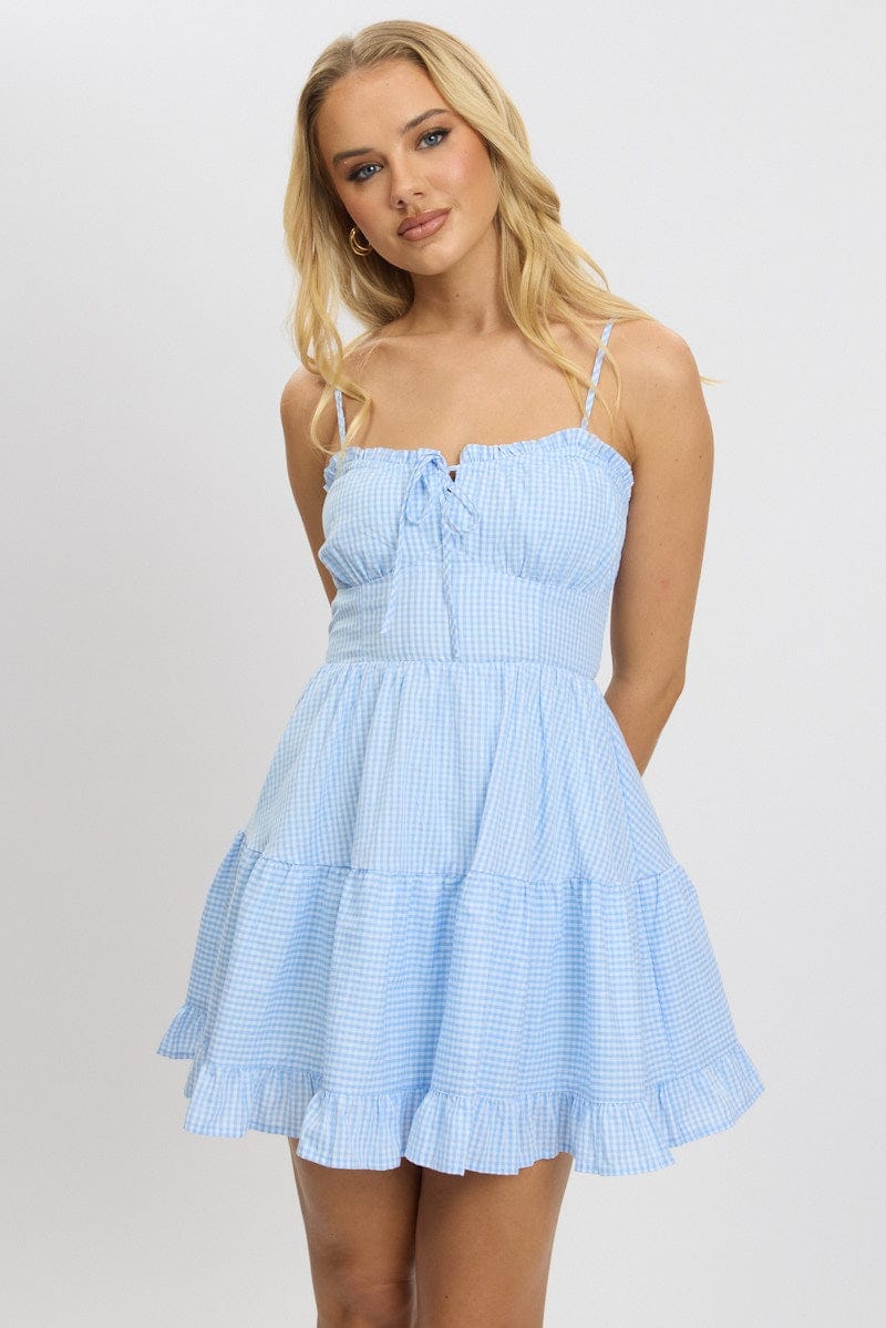 Blue Check Fit and Flare Dress Sleeveless Tiered - Àlainn Fashion