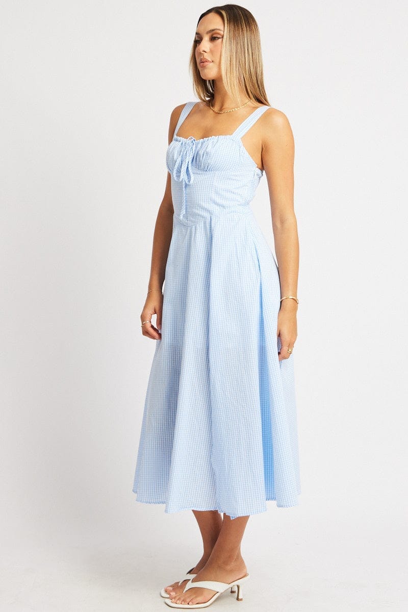 Blue Check Midi Dress Gathered Bust - Àlainn Fashion