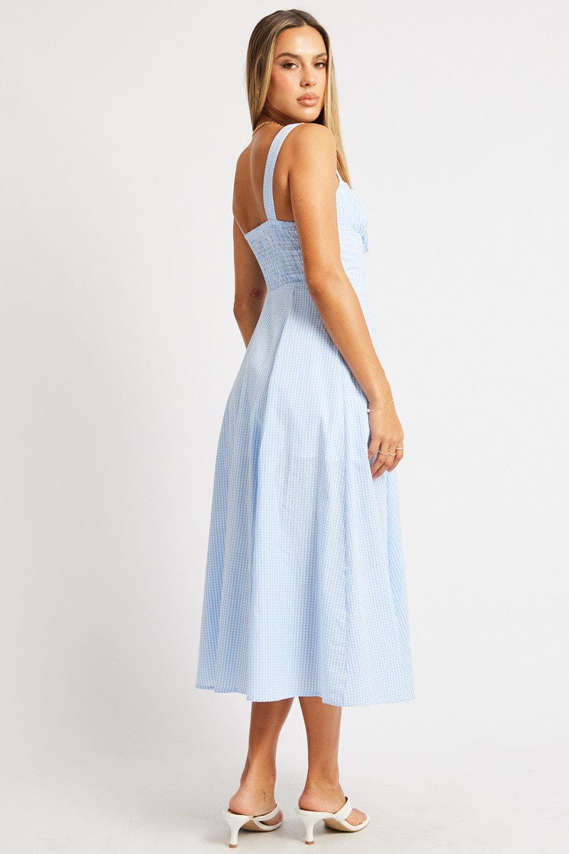 Blue Check Midi Dress Gathered Bust - Àlainn Fashion