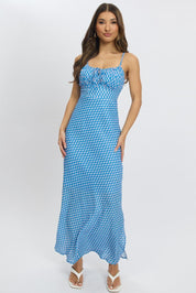 Blue Check Midi Dress Gathering Bust Sleeveless - Àlainn Fashion