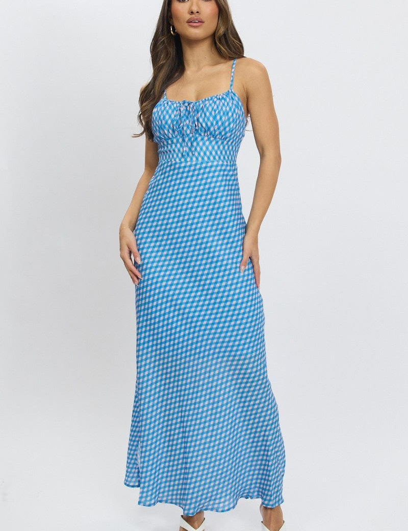 Blue Check Midi Dress Gathering Bust Sleeveless - Àlainn Fashion