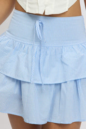 Blue Check Ruffle Mini Skirt High Rise Shirred Back Tiered - Àlainn Fashion