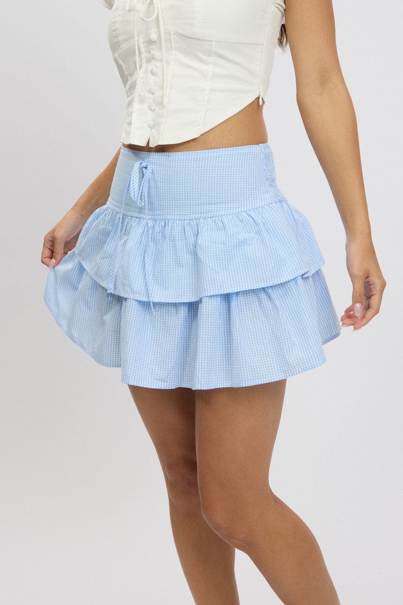 Blue Check Ruffle Mini Skirt High Rise Shirred Back Tiered - Àlainn Fashion