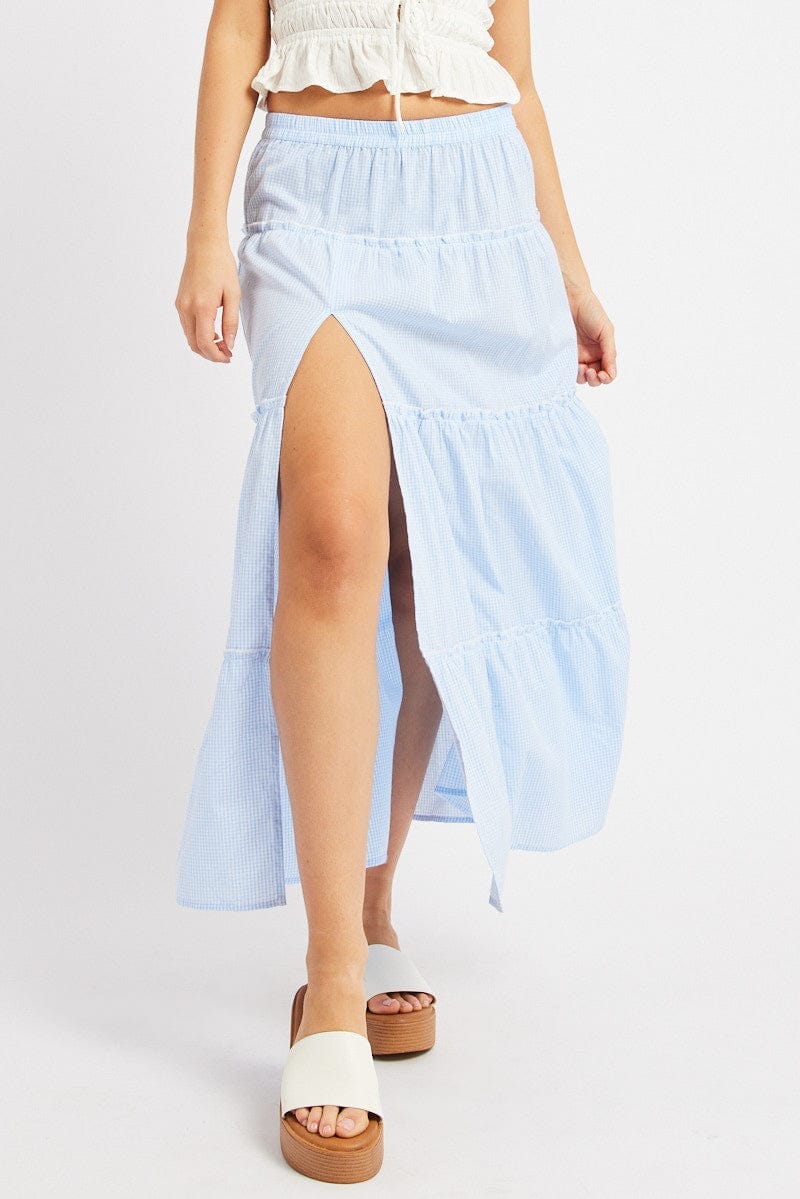 Blue Check Tiered Maxi Slit Skirt - Àlainn Fashion