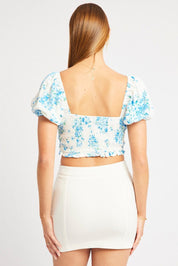 Blue Ditsy Crop Top Short Sleeve Shirred Waist - Àlainn Fashion